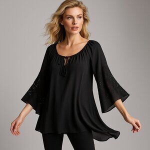 Joyce Vintage 80s L Black Lace Bell Sleeve Sheer Romantic Gothic Boho Blouse